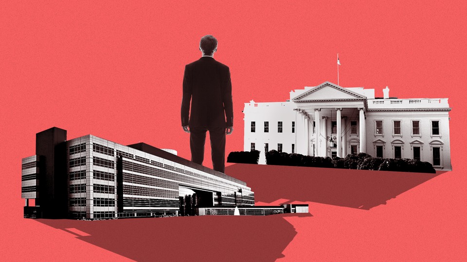 A man standing between the Defense Intelligence Agency headquarters and the White House