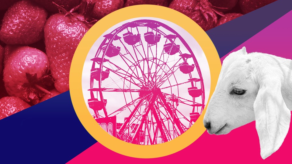 A collage showing a bunch of strawberries, a ferris wheel, and a goat.