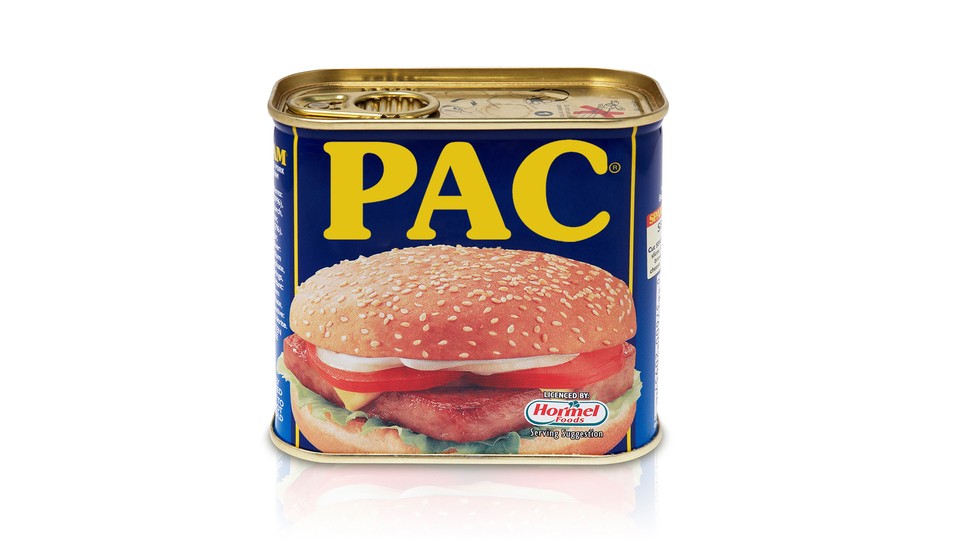 An illustration of a SPAM can with the letters "PAC" written across.