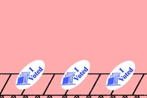 An illustration showing a conveyor belt with "I voted" stickers