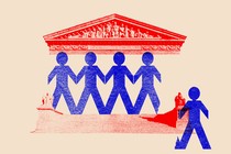 Illustration of a paper-people chain in front of the Supreme Court, with one person ripped off