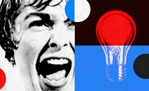 Black-and-white still of Janet Leigh screaming in the film 'Psycho,' next to an image of a lightbulb
