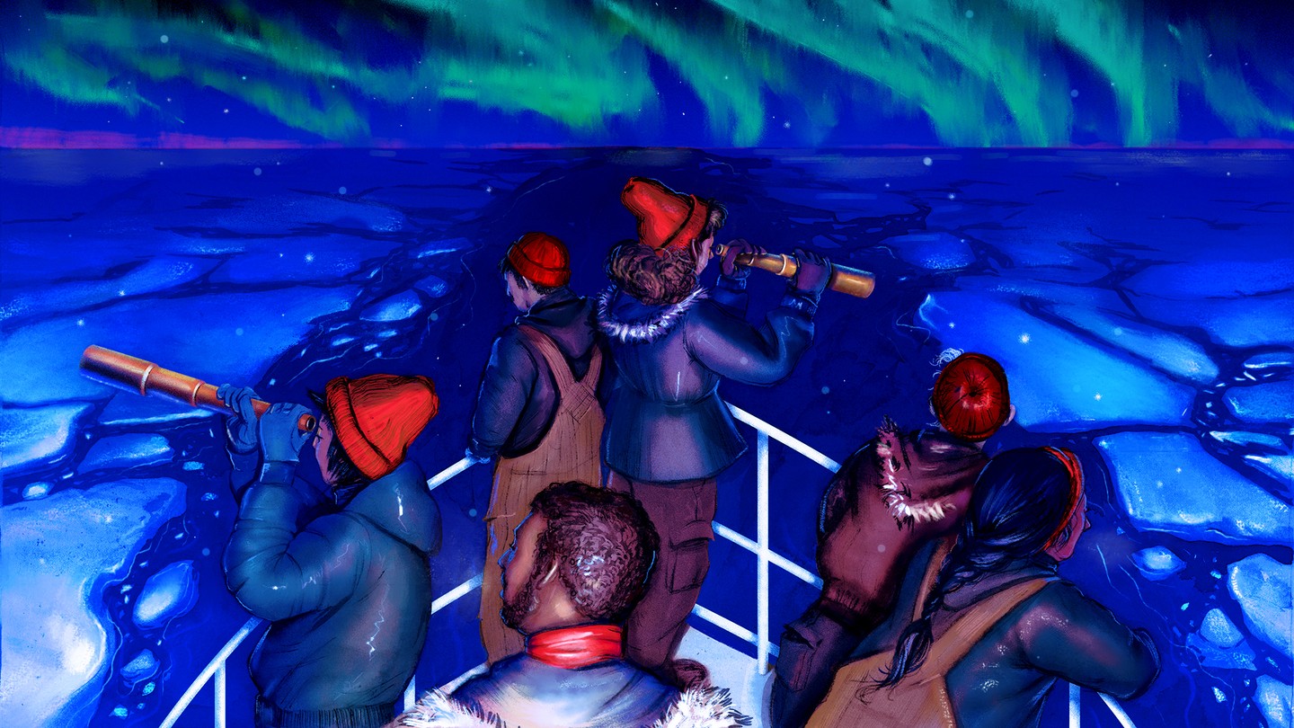 A group of people in heavy winter outerwear stand at the bow of a ship, looking through spyglasses at the icy ocean before them with the northern lights above.