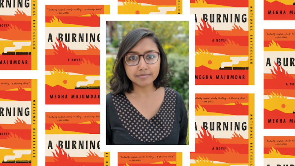 photo of author Megha Majumdar is centered on a background of tiled book cover art from her novel, A Burning