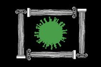 a green coronavirus framed by columns