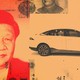 A collage featuring Xi Jinping, Joe Biden, an electric car, and 100 renminbi and $100 notes