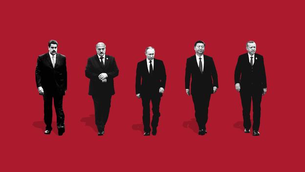 black + white images of Maduro, Lukashenko, Putin, Xi, Erdogan walking on red background