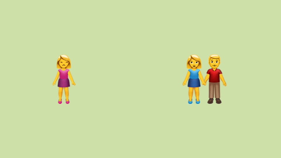 A graphic showing an emoji of a single woman glaring at an emoji of a couple holding hands.