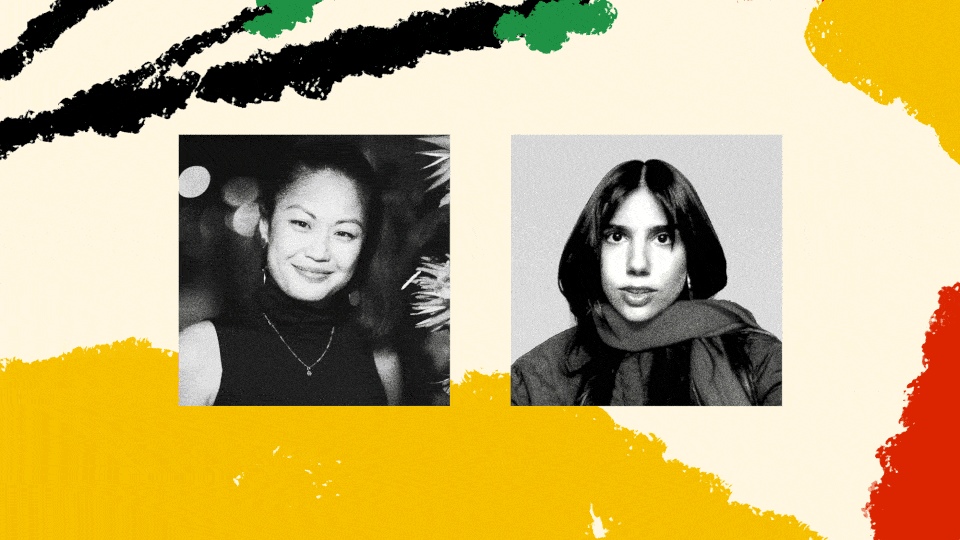 Black-and-white photos of each host sit in the center of a cream background. In the upper left corner, black branches extend with green puff of leaves at the end. The top right corner is golden and the bottom right corner is red.