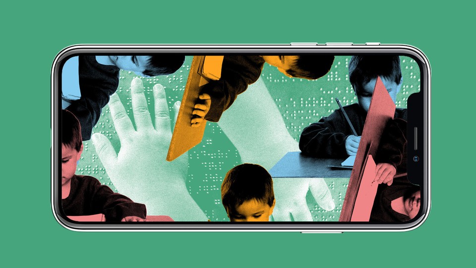 A collage illustration of children working at desks, with images of braille behind them, in the screen of an iPhone