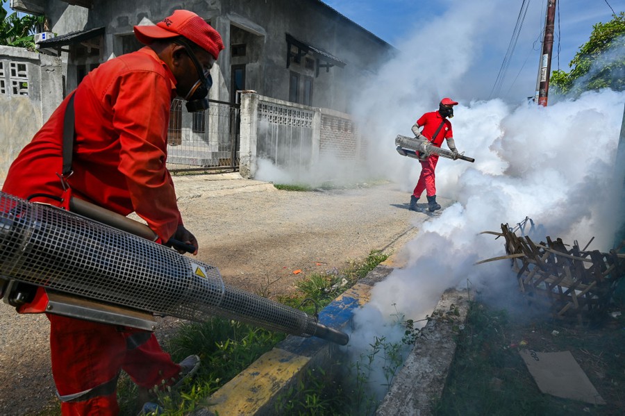 Workers spray insecticide with fogging machines in a neighborhood.