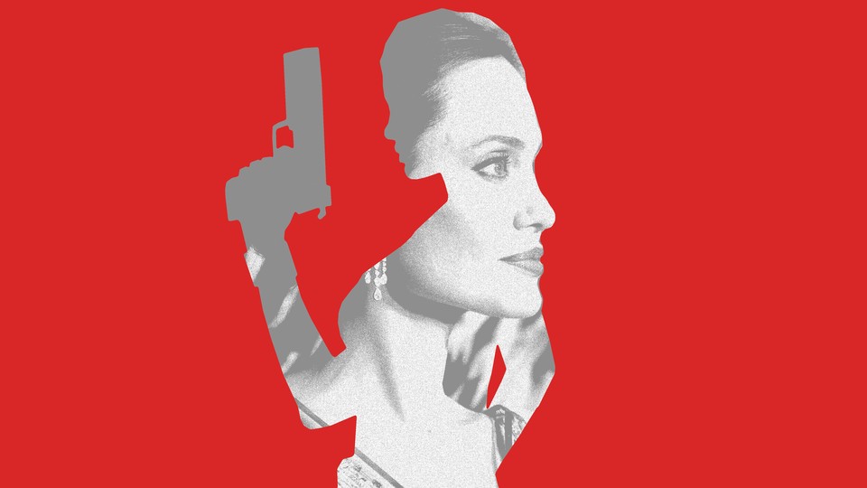 a photo of angelina jolie set within a silhouette of her as lara croft, against a red background