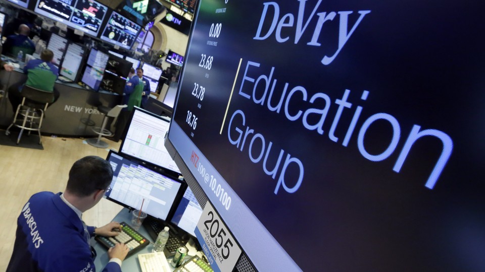 A screen showing the words DeVry Education Group at the New York stock exchange.