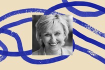 A black-and-white photo of Tina Brown, bordered by a decorative illustration