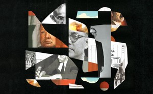 Collage illustration with Gandhi, Churchill, Hitler, FDR, soldiers on black background