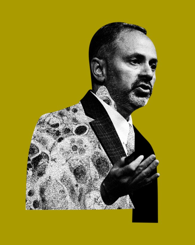 Illustration of Sam Gambhir with an image of cancerous cells superimposed over half his suit