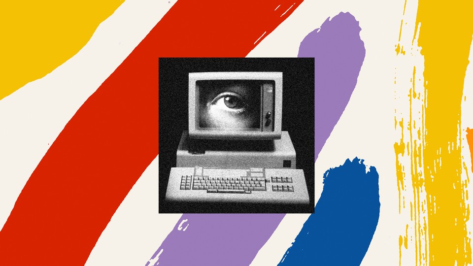 Image of a human eye on the screen of a desktop PC computer, against a multicolored-paint-stroke background
