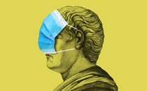 Cartoon of a marble bust wearing a medical mask over the upper half of its face