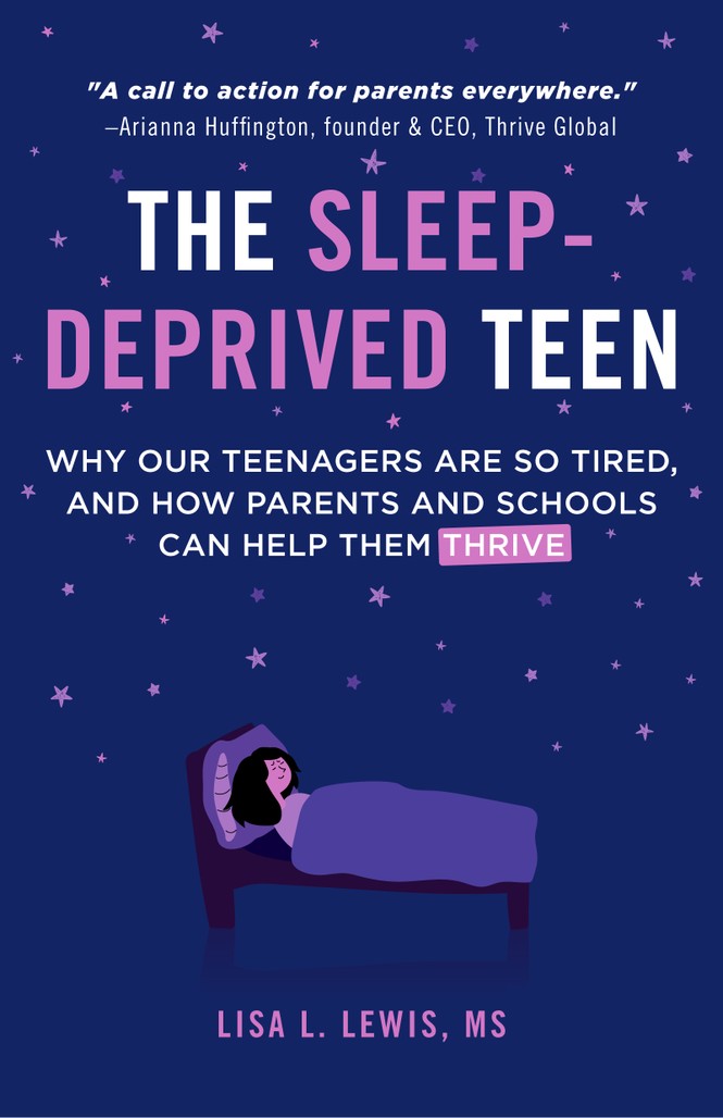 La portada del libro The Sleep Deprived Teen presenta una ilustración de un niño en la cama bajo un cielo nocturno lleno de estrellas.