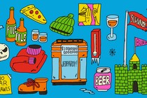 A collage of items related to a wintertime Jeopardy-themed beer crawl, including beers, snowflakes, boots, and pizza.