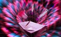 Psychedelic neon-blue-and=pink image of test tubes, sample containers, a clipboard, and a pen being sucked into a vortex