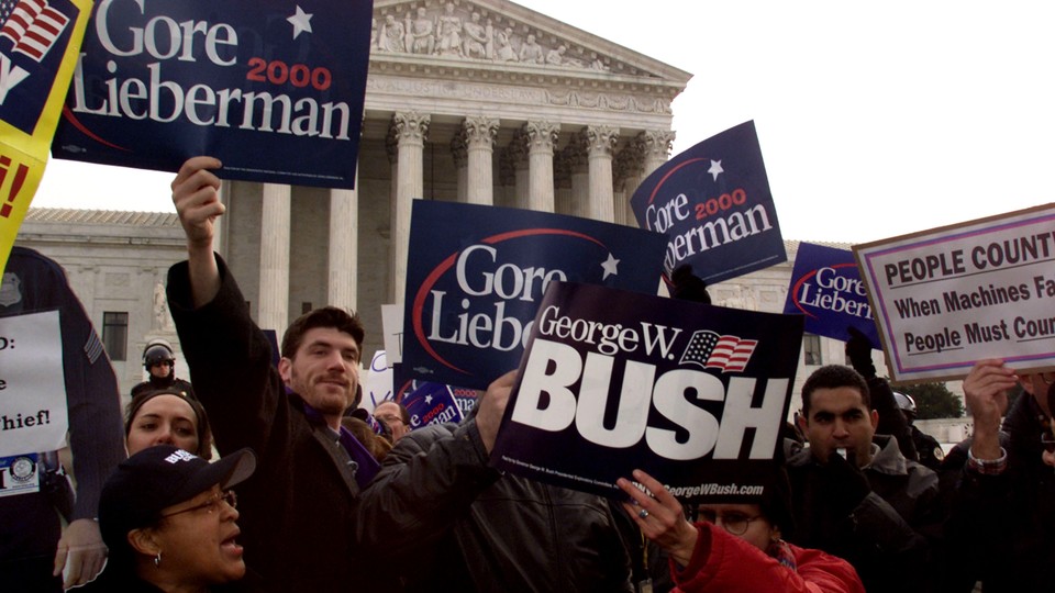 George W. Bush and Al Gore supporters hold signs outside the U.S. Supreme Court.