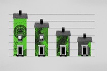 An illustration of houses made up of U.S. money