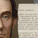 Graphic illustration with collage of a color portrait of Lincoln (left), a black-and-white portrait of George Washington on horse (right), and a detail of a book excerpt of Lincoln's Lyceum Address (center).