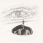pen-and-ink-style illustration of figure standing alone on rock in water facing clouds in shape of eye