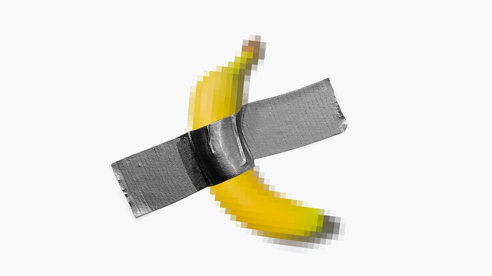 An illustration of a pixelated banana stuck to a white background with duck tape