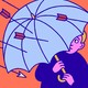 A man using an umbrella to shield himself from incoming arrows