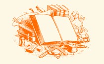 An orange drawing of multiple books stacked on top of one another