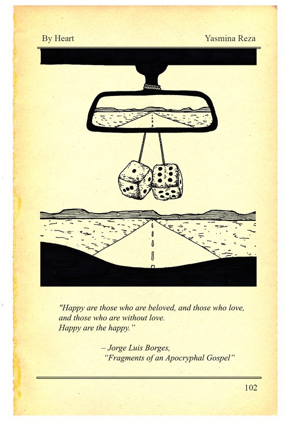 Illustration of the inside of a car looking out on the open road. Dice are hanging from the rearview mirror.