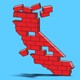 An illustration of the state of California made of red bricks falling apart