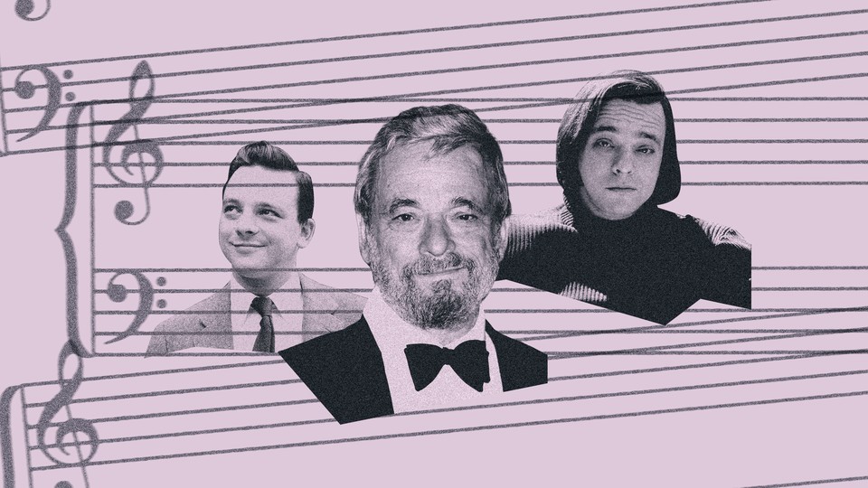 Collage of three photos of the same man at different ages on a field of mauve with musical notation behind it.