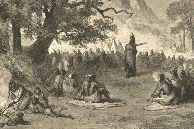 historical black-ink engraving of tribe assembled in seated circle under trees, with member standing in center speaking and gesturing with one arm
