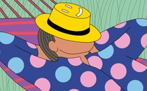 Illustration of a person reclining in a hammock, with their face covered by a hat with a smiley-face design
