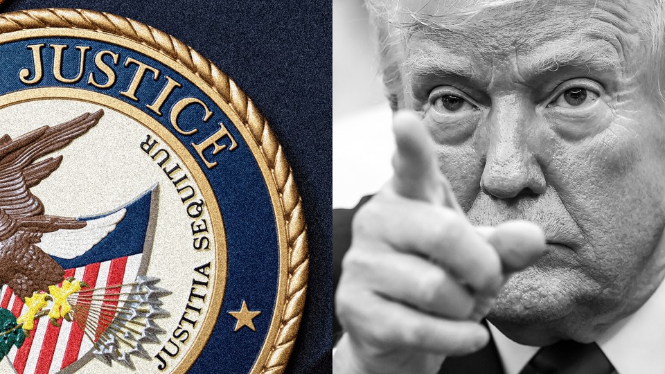 A photo splice of the Justice Department seal (in color) on the left, and a black-and-white photo of Donald Trump pointing at the camera on the right.