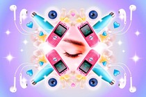 An illustration of various items from "subliminal" videos, including a cell phone, water bottle, and headphones.