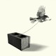A bird tied to a brick attempts to fly away