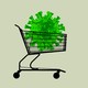 An illustration of a green coronavirus nestled inside a supermarket cart