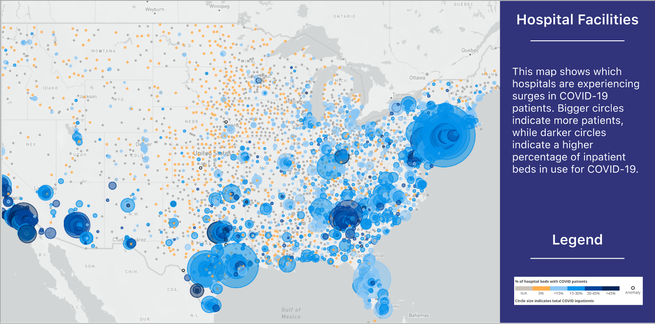 Map showing hospitals across the U.S. as bubbles. Each bubble size corresponds to the number of COVID-19 patients in that hospital this week. The biggest bubbles are in and around New York City.