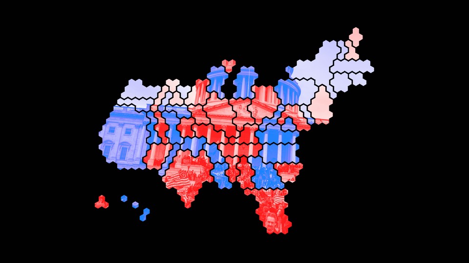 An electoral map of the United States superimposed on a photo of the Capitol