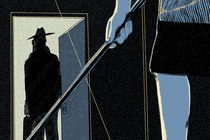 detail of illustration of woman mopping dark room barefoot with silhouette of man with hat and briefcase headed out of a lit doorway