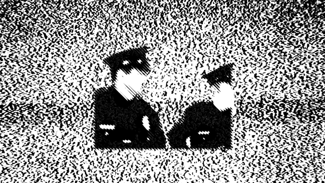 illustration of two police officers on a pixelated television screen