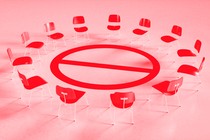 A circle of chairs representing a support group set around a "no" symbol