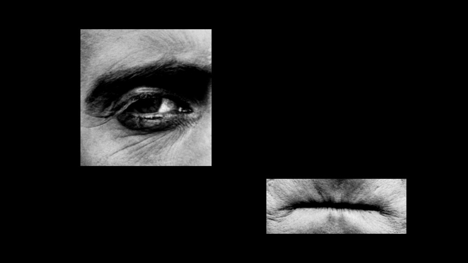 Black-and-white photographs of an eye and pursed lips cropped on a black background