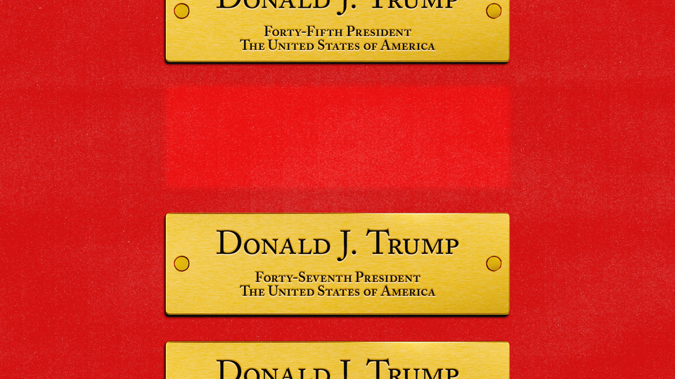 A red wall with three gold nameplates for President Donald J. Trump