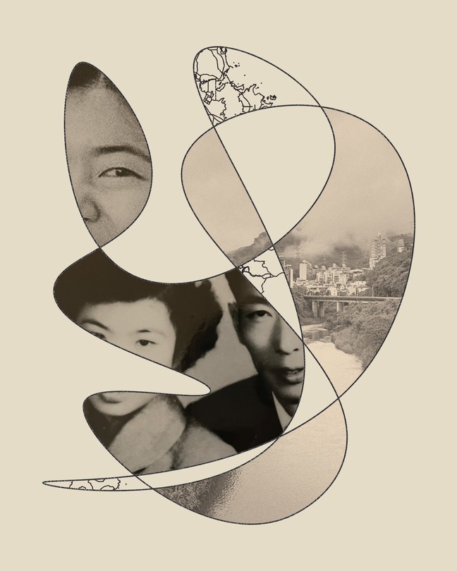 illustration of a swirled black line revealing parts of family photos of couple, close-up of face, city, and map on beige background