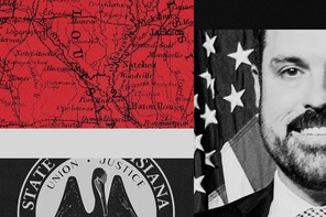 A black-and-red illustration showing Blake Miguez, a state seal and a map.